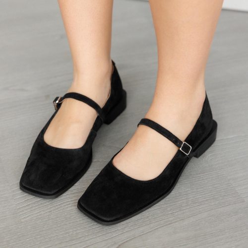 Black Suede Mary Jane Flats Classic Square Toe