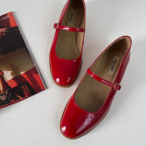 Red Mary Jane Mid Heel Shoes Women’s Patent