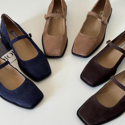 Black Suede Mary Jane Flats Classic Square Toe