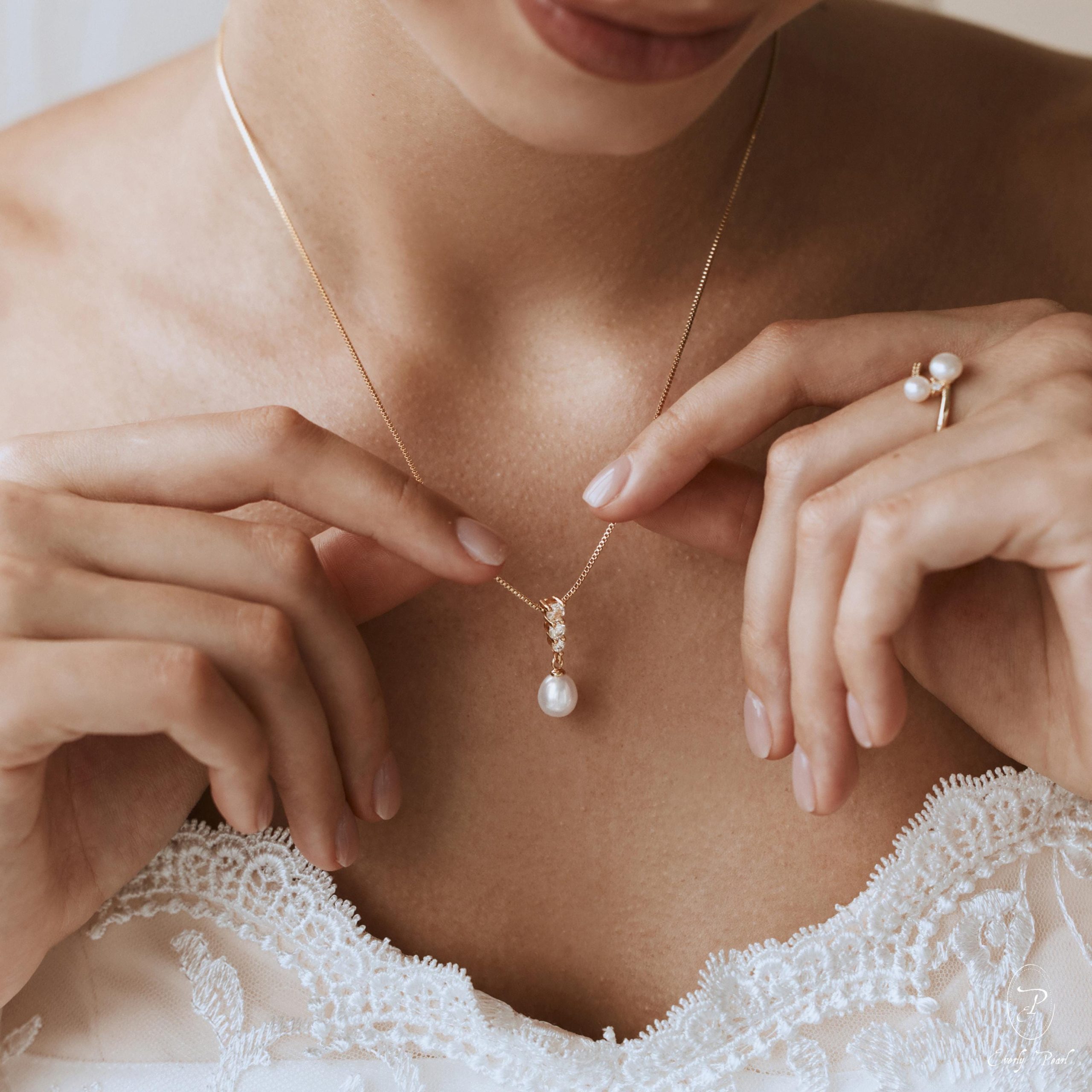 Freshwater Pearl Necklace Cz Diamond Minimalist Bridal Wedding