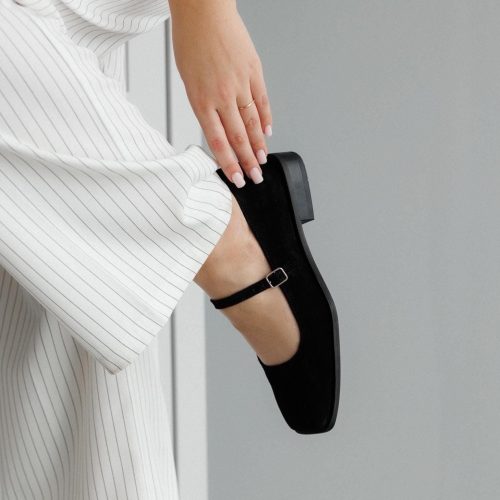 Black Suede Mary Jane Flats Classic Square Toe