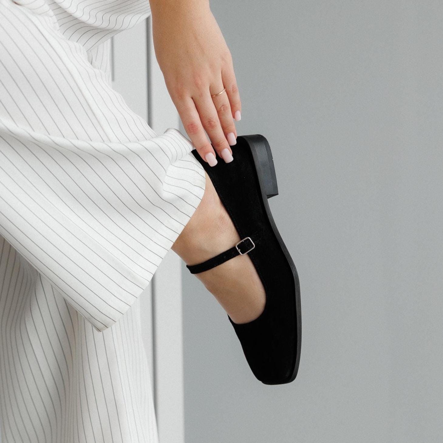 Black Suede Mary Jane Flats Classic Square Toe