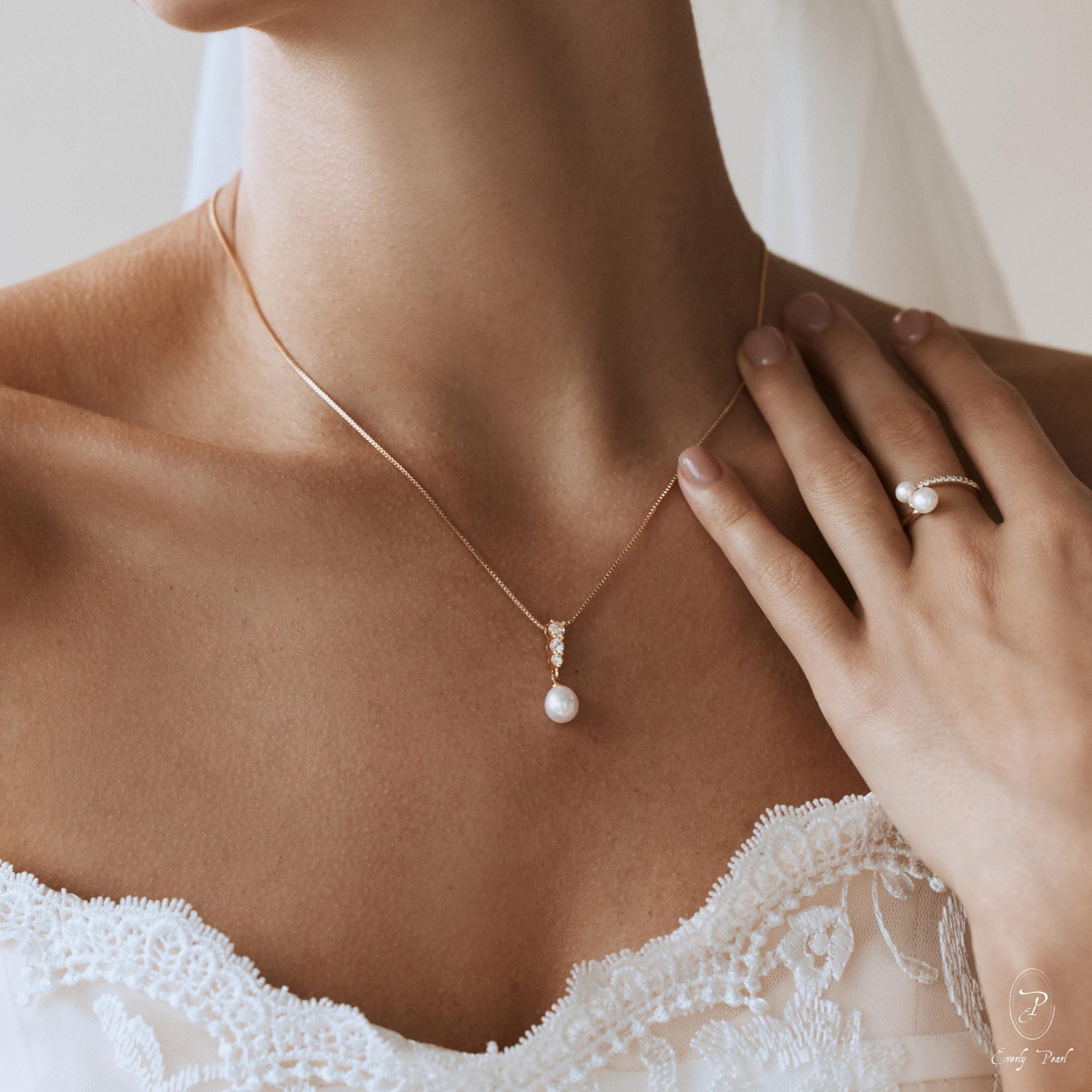 Freshwater Pearl Necklace Cz Diamond Minimalist Bridal Wedding