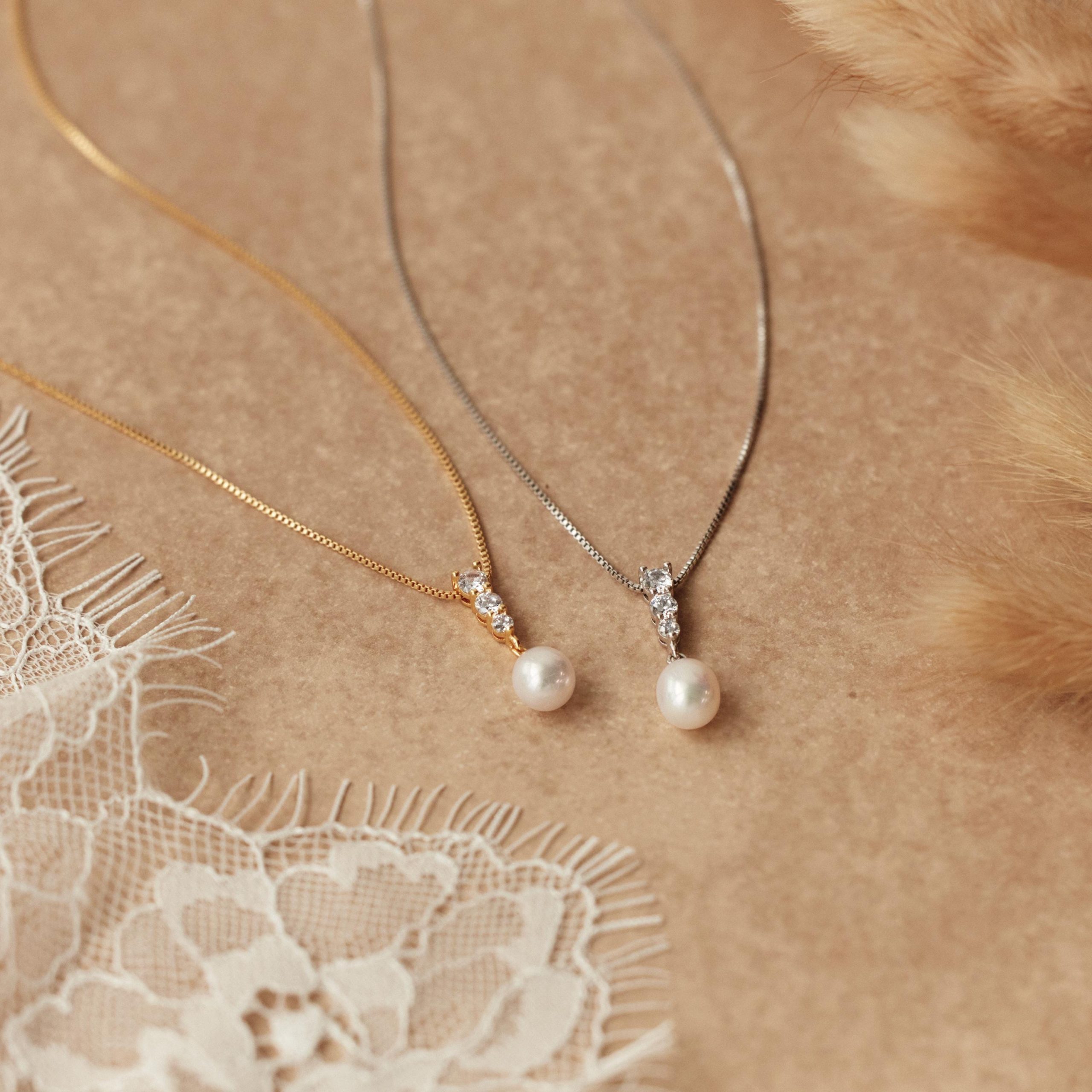 Freshwater Pearl Necklace Cz Diamond Minimalist Bridal Wedding