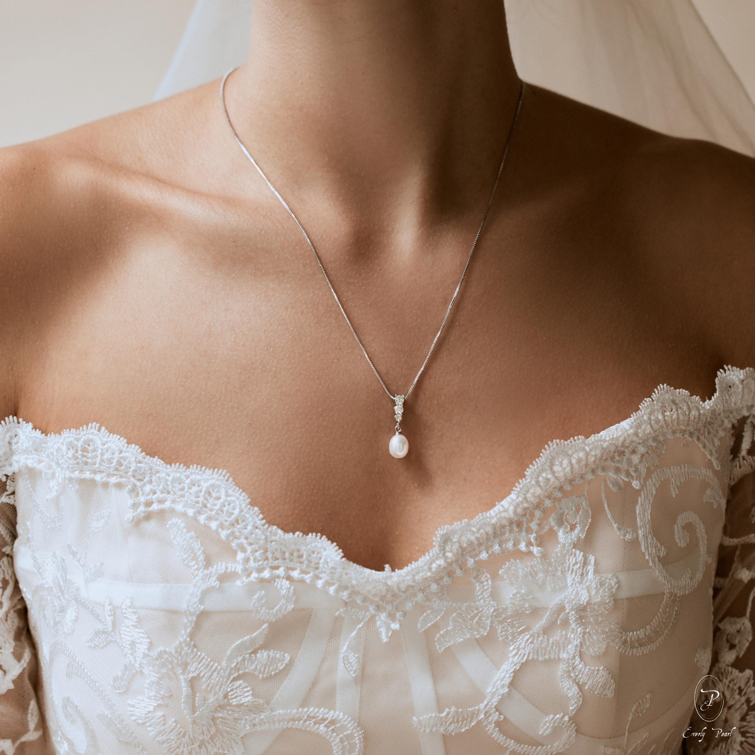 Freshwater Pearl Necklace Cz Diamond Minimalist Bridal Wedding