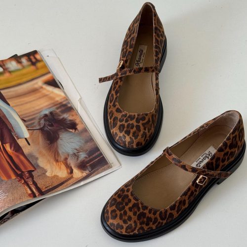 Leather Mary Jane Shoes Womens Animal Print Flats