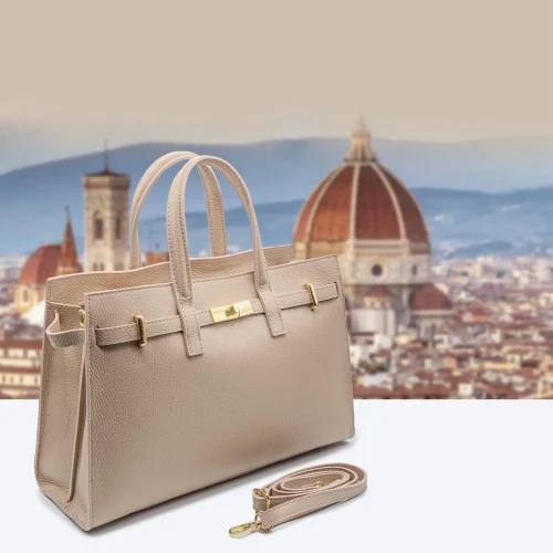 Italian Taupe Pebbled Leather Tote Handbag