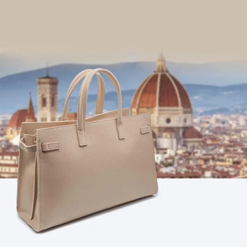 Italian Taupe Pebbled Leather Tote Handbag