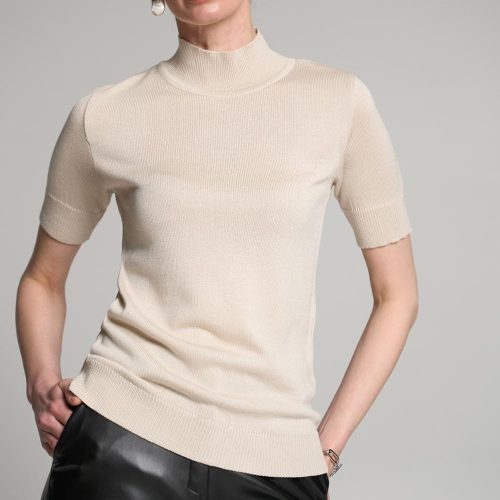 Cotton Short Sleeve Turtleneck Sweater Stretchy Mock Neck