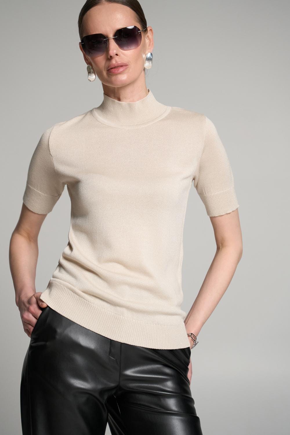 Cotton Short Sleeve Turtleneck Sweater Stretchy Mock Neck