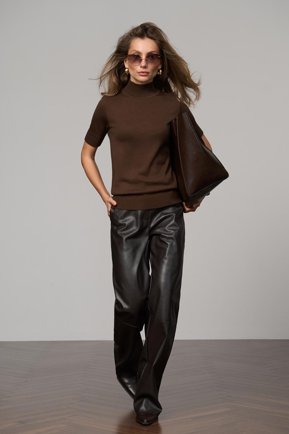 Cotton Short Sleeve Turtleneck Sweater Stretchy Mock Neck