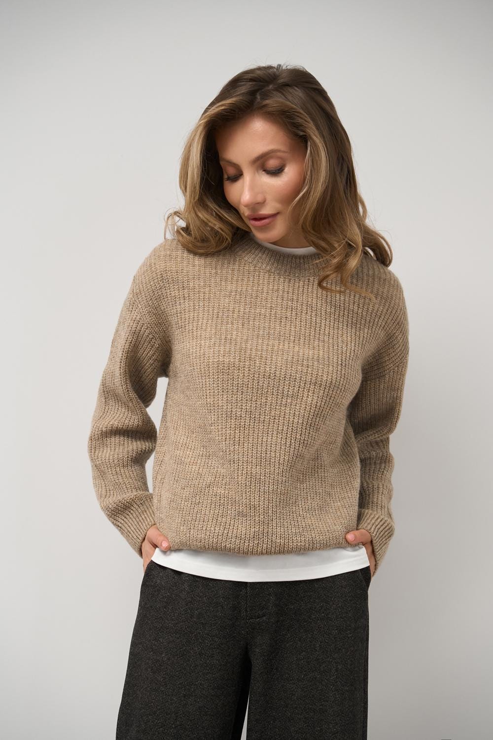Merino Wool Crewneck Sweater Soft Rib Knit Pullover