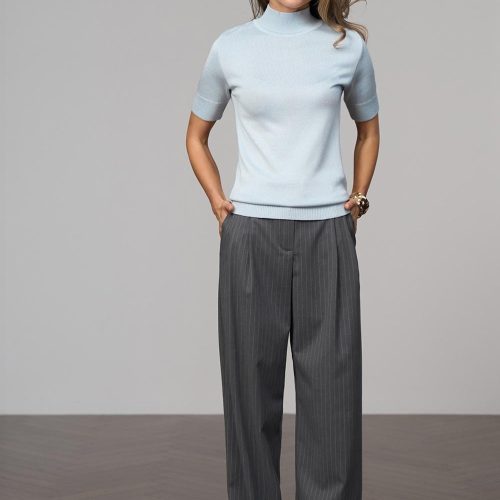 Cotton Short Sleeve Turtleneck Sweater Stretchy Mock Neck