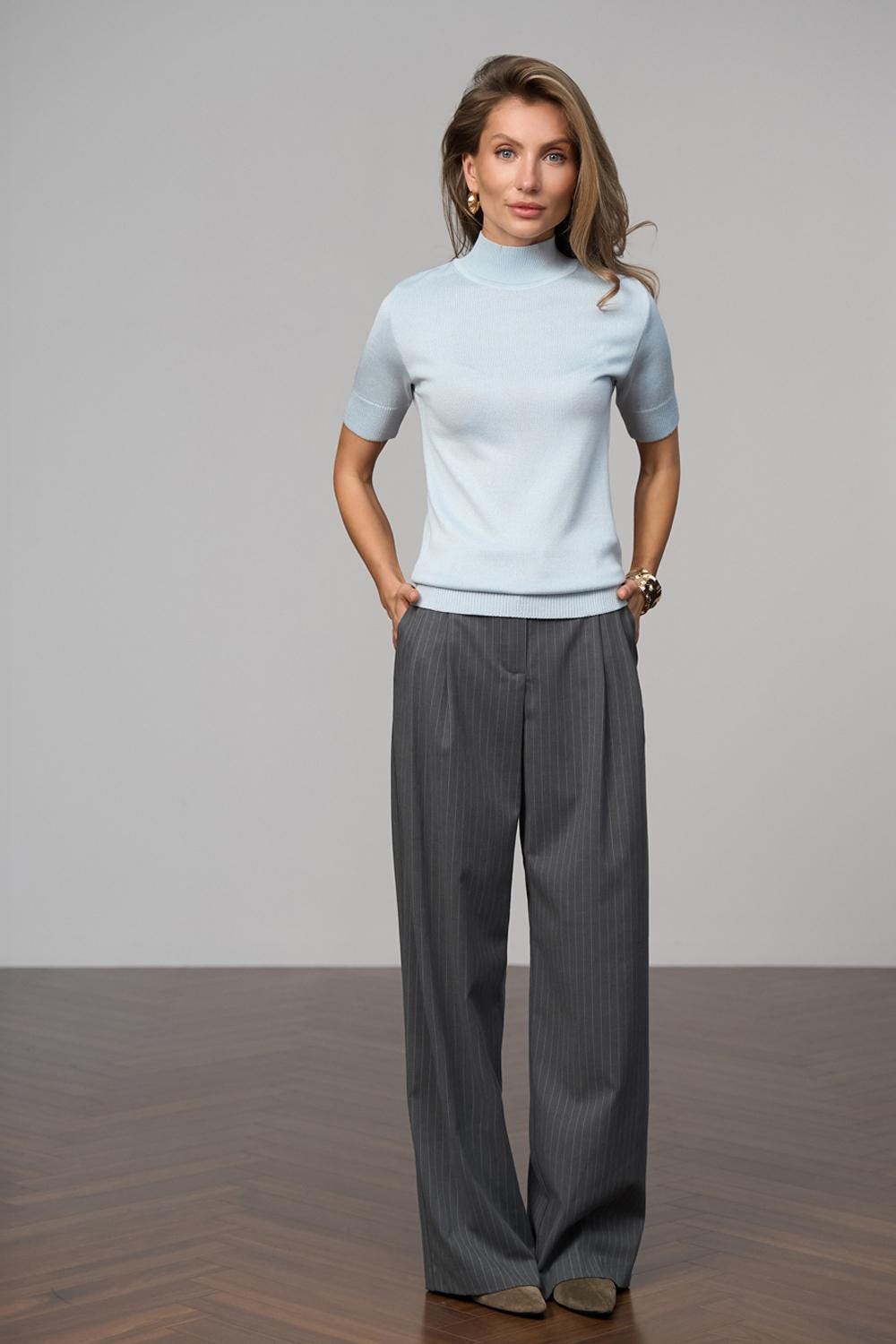 Cotton Short Sleeve Turtleneck Sweater Stretchy Mock Neck