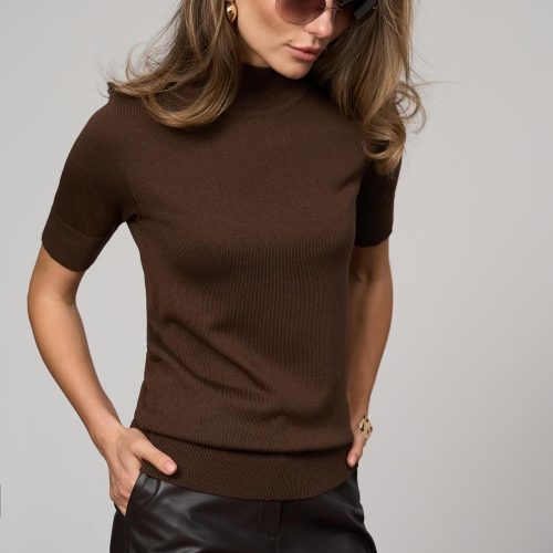 Cotton Short Sleeve Turtleneck Sweater Stretchy Mock Neck