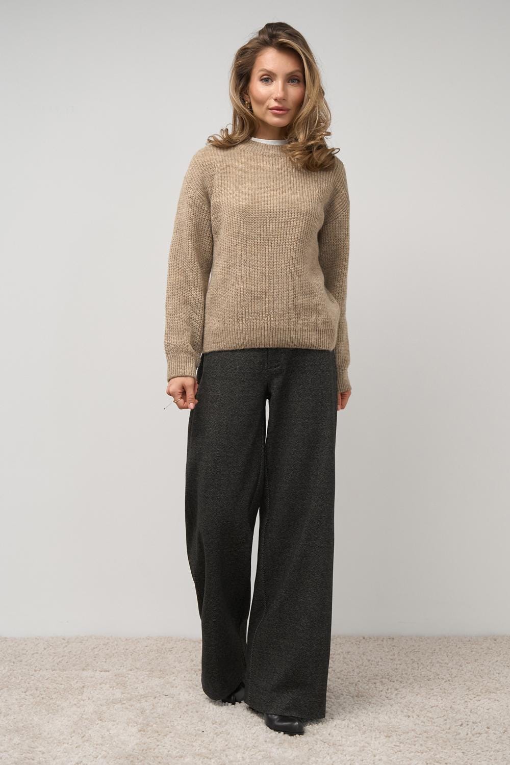 Merino Wool Crewneck Sweater Soft Rib Knit Pullover