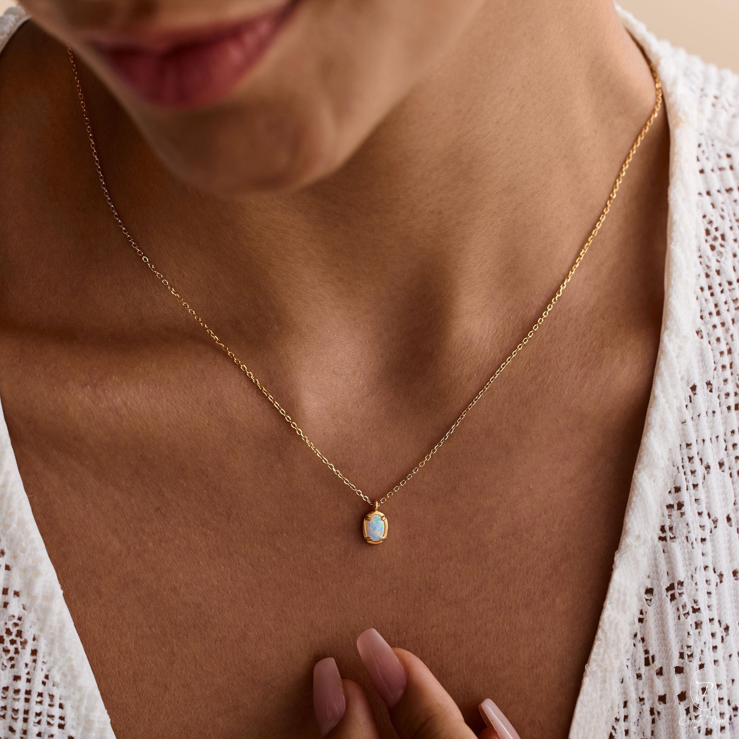 Dainty Opal Necklace 14k Gold October Birthstone Gift