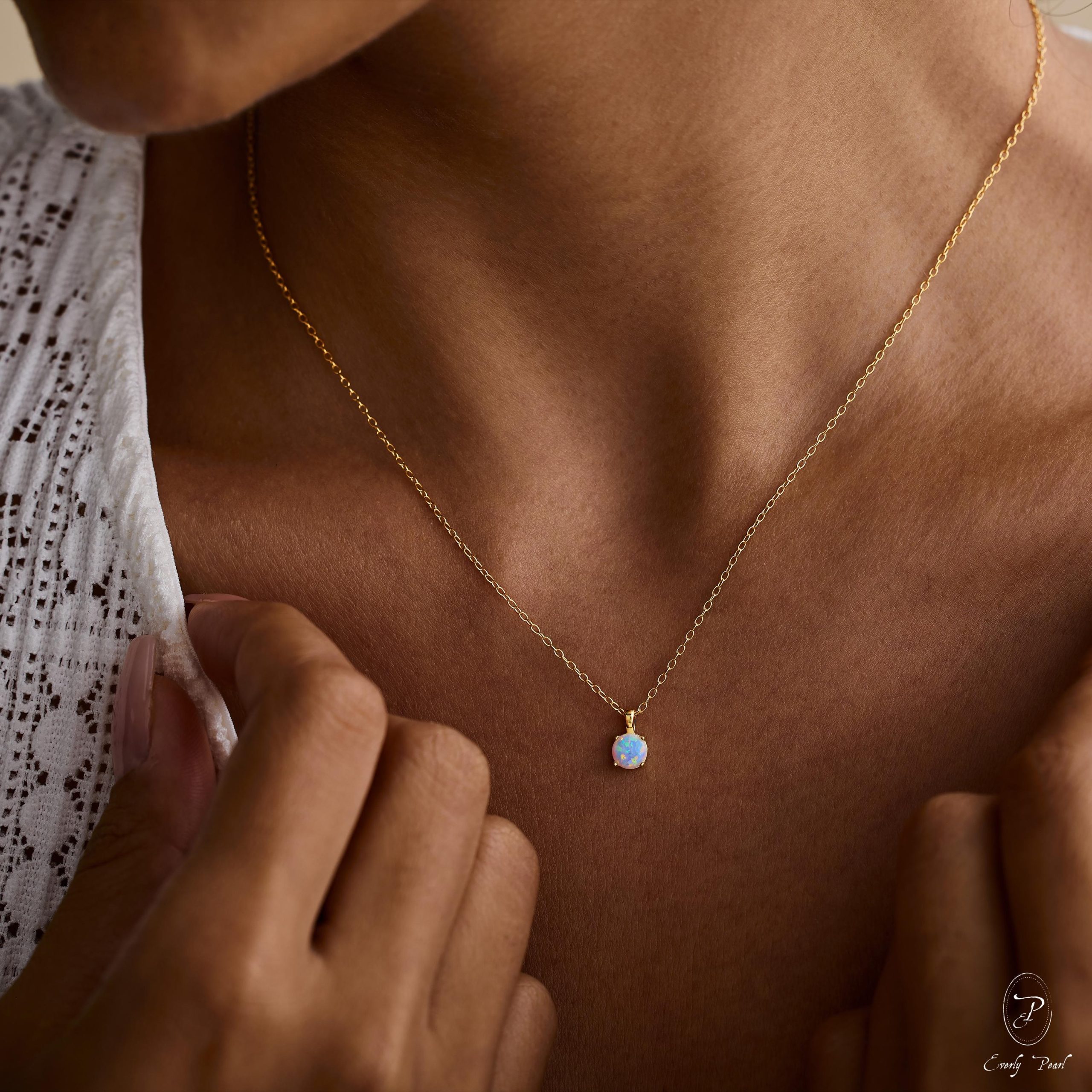 Dainty Opal Necklace Minimalist Pendant October Birthstone Jewelry