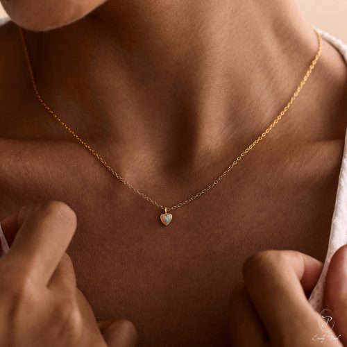 Heart Opal Necklace Dainty Gold Pendant October Birthstone
