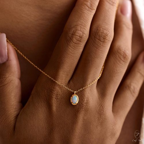 Dainty Opal Necklace 14k Gold October Birthstone Gift