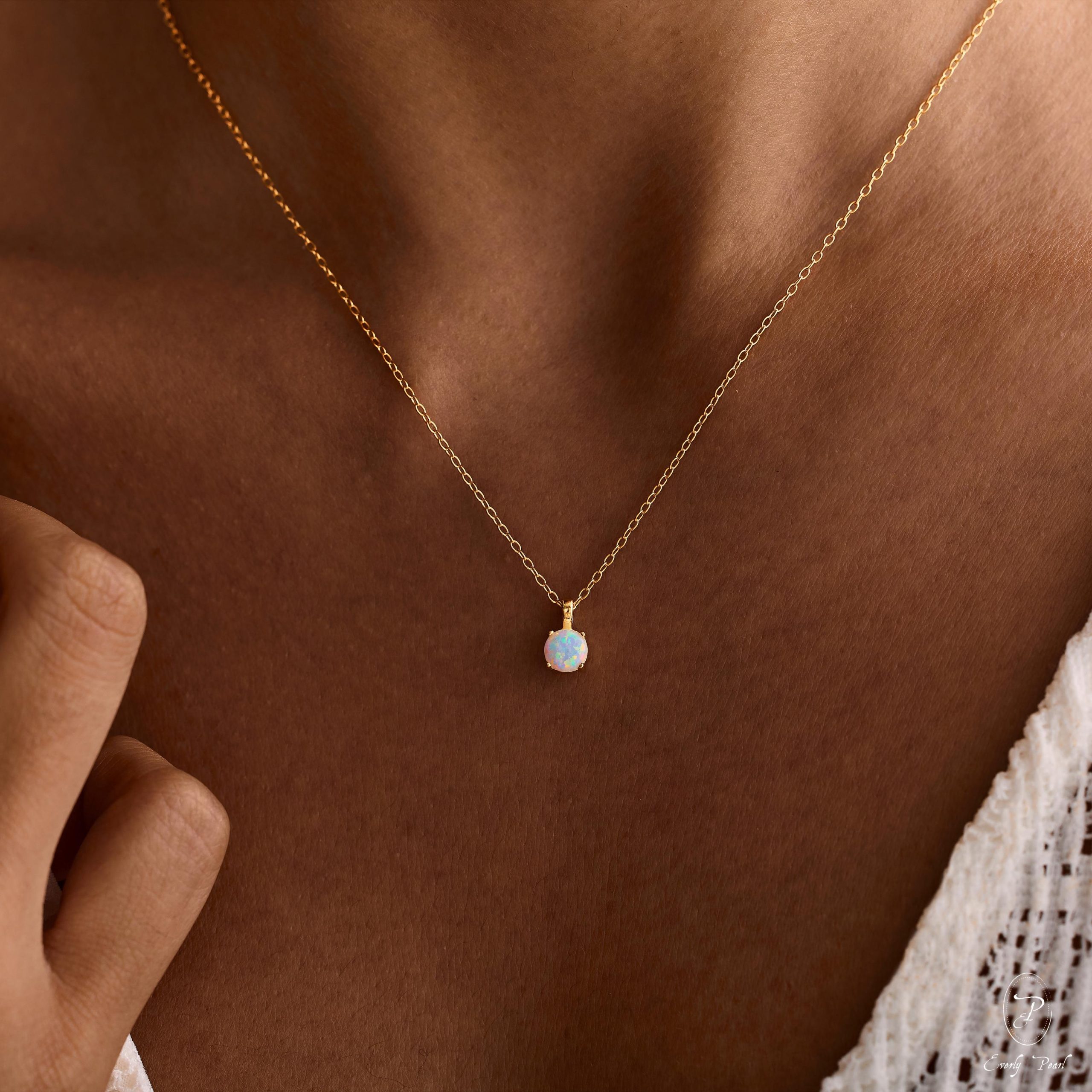 Dainty Opal Necklace Minimalist Pendant October Birthstone Jewelry