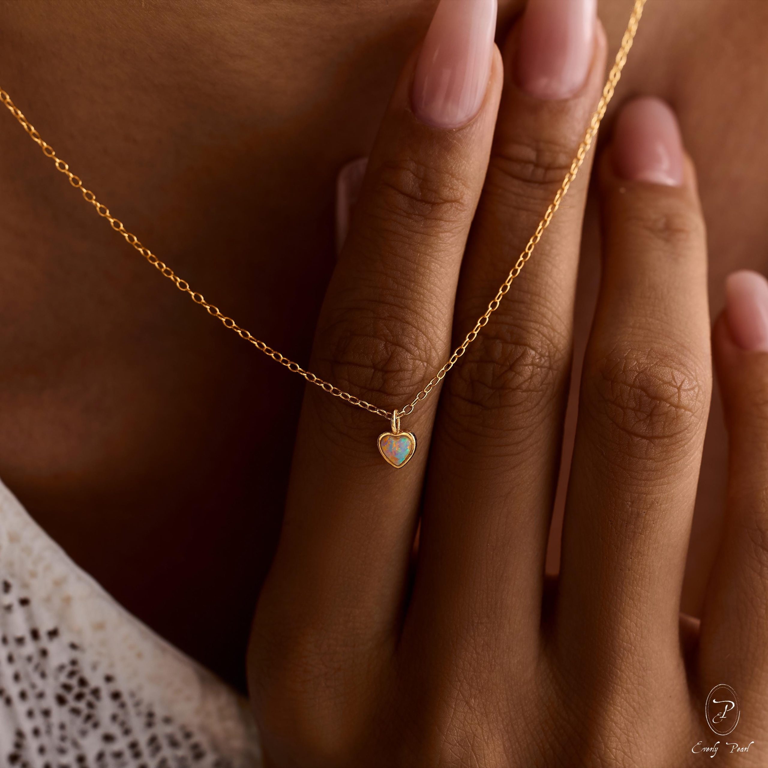 Heart Opal Necklace Dainty Gold Pendant October Birthstone